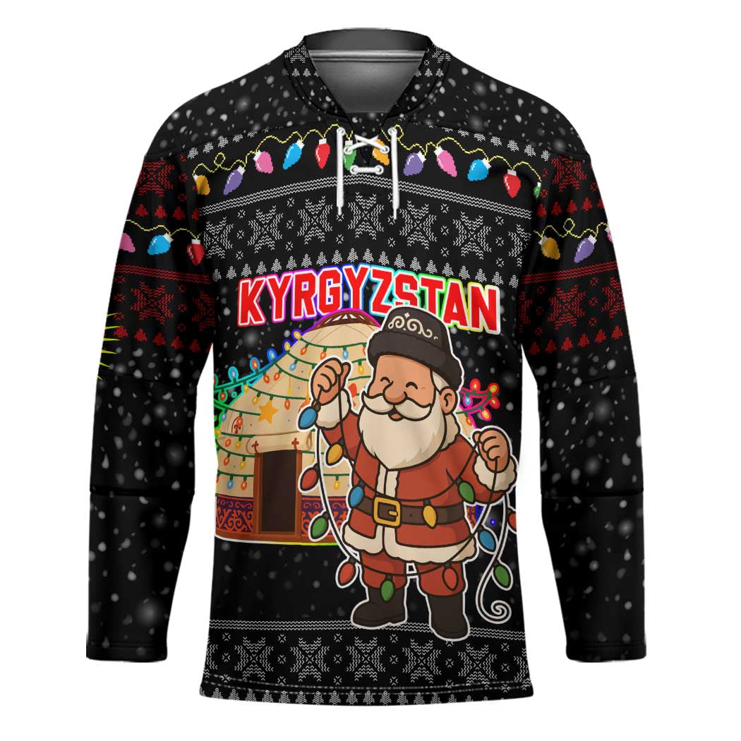 Kyrgyzstan Christmas Hockey Jersey with Santa Decorating Yurt Colorful Lights Snowflakes and National - Wonder Print Shop