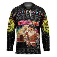 Kyrgyzstan Christmas Hockey Jersey with Santa Decorating Yurt Colorful Lights Snowflakes and National - Wonder Print Shop