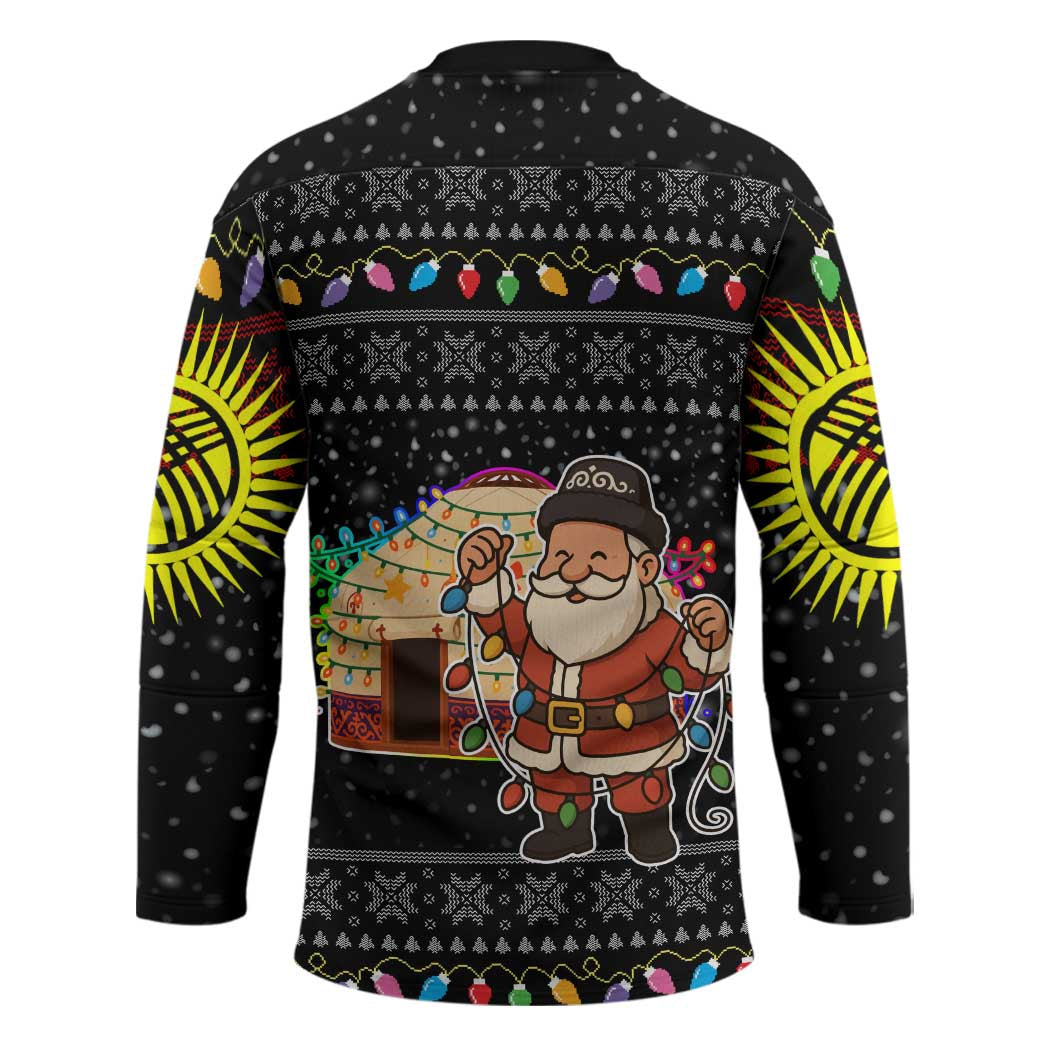 Kyrgyzstan Christmas Hockey Jersey with Santa Decorating Yurt Colorful Lights Snowflakes and National - Wonder Print Shop