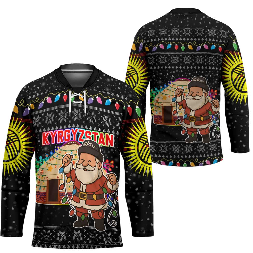 Kyrgyzstan Christmas Hockey Jersey with Santa Decorating Yurt Colorful Lights Snowflakes and National - Wonder Print Shop