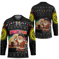 Kyrgyzstan Christmas Hockey Jersey with Santa Decorating Yurt Colorful Lights Snowflakes and National - Wonder Print Shop