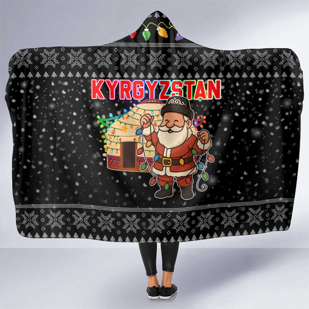 Kyrgyzstan Christmas Hooded Blanket with Santa Decorating Yurt Colorful Lights Snowflakes and National - Wonder Print Shop
