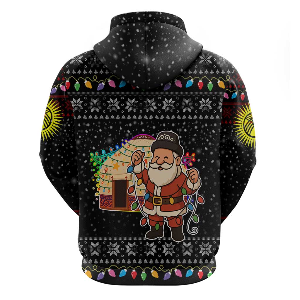 Kyrgyzstan Christmas Hoodie with Santa Decorating Yurt Colorful Lights Snowflakes and National - Wonder Print Shop
