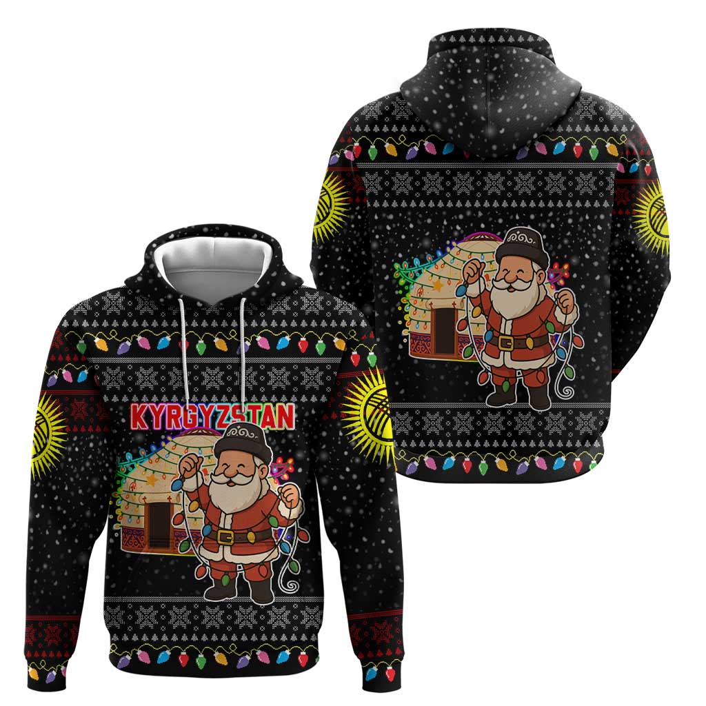 Kyrgyzstan Christmas Hoodie with Santa Decorating Yurt Colorful Lights Snowflakes and National - Wonder Print Shop