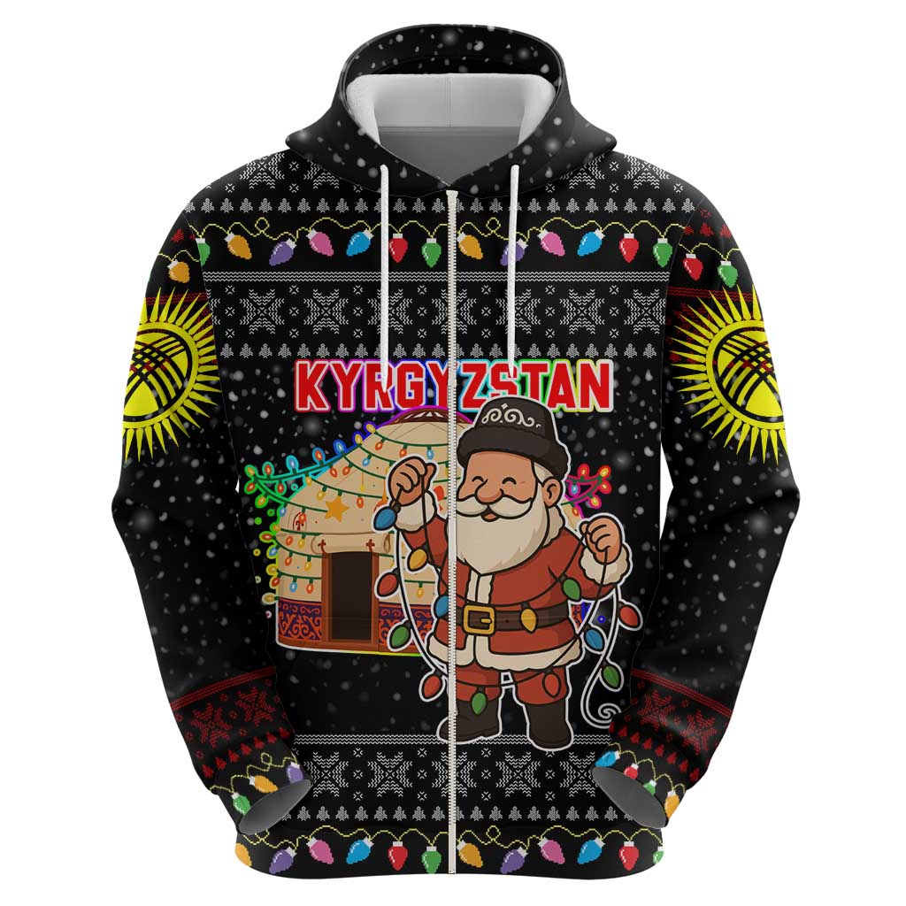 Kyrgyzstan Christmas Hoodie with Santa Decorating Yurt Colorful Lights Snowflakes and National - Wonder Print Shop
