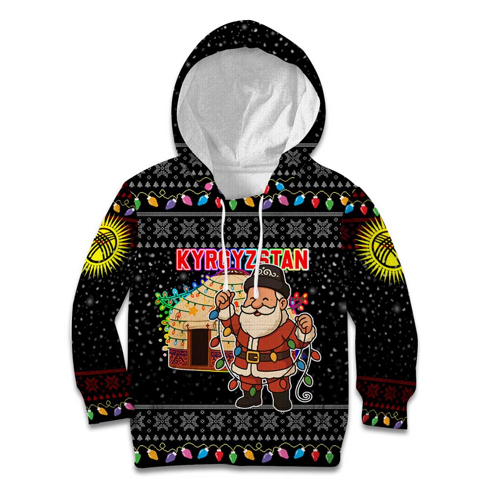 Kyrgyzstan Christmas Kid Hoodie with Santa Decorating Yurt Colorful Lights Snowflakes and National - Wonder Print Shop