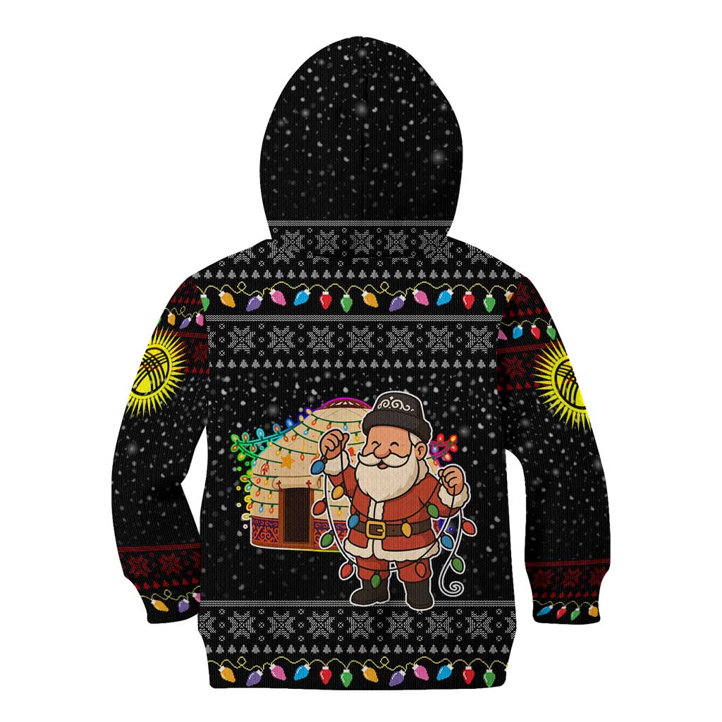 Kyrgyzstan Christmas Kid Hoodie with Santa Decorating Yurt Colorful Lights Snowflakes and National - Wonder Print Shop