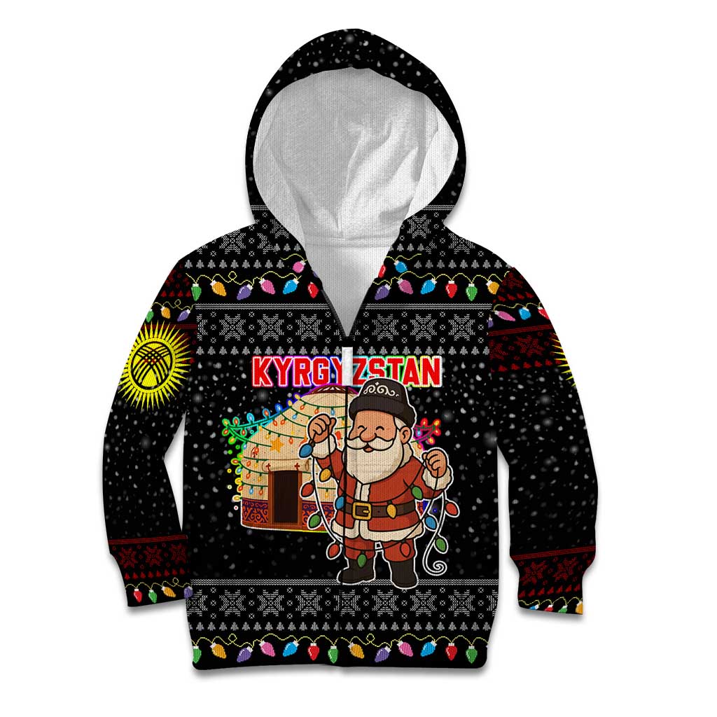 Kyrgyzstan Christmas Kid Hoodie with Santa Decorating Yurt Colorful Lights Snowflakes and National - Wonder Print Shop