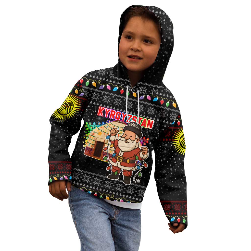 Kyrgyzstan Christmas Kid Hoodie with Santa Decorating Yurt Colorful Lights Snowflakes and National - Wonder Print Shop