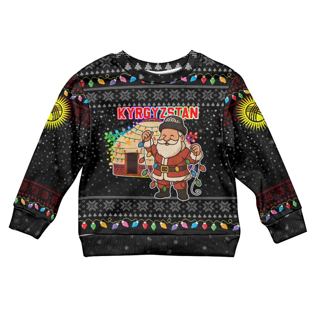 Kyrgyzstan Christmas Kid Ugly Christmas Sweater with Santa Decorating Yurt Colorful Lights Snowflakes and National - Wonder Print Shop