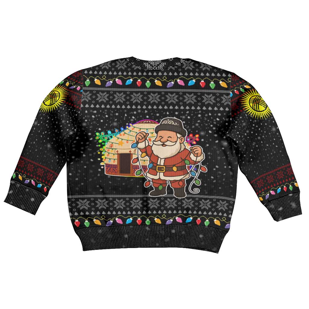 Kyrgyzstan Christmas Kid Ugly Christmas Sweater with Santa Decorating Yurt Colorful Lights Snowflakes and National - Wonder Print Shop