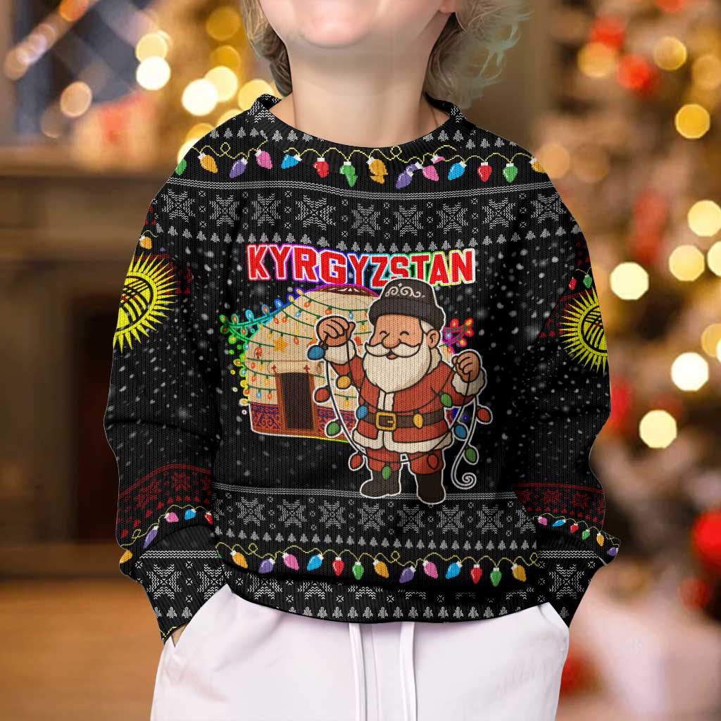 Kyrgyzstan Christmas Kid Ugly Christmas Sweater with Santa Decorating Yurt Colorful Lights Snowflakes and National - Wonder Print Shop