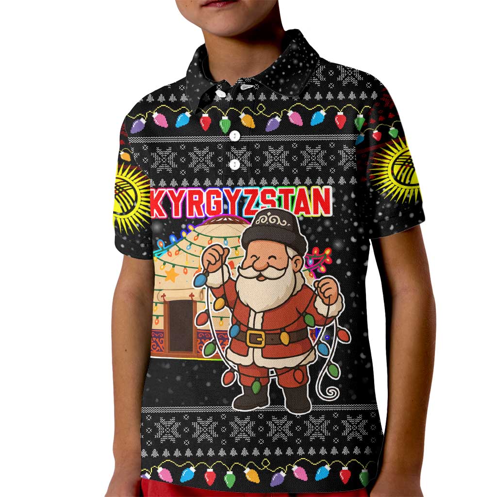 Kyrgyzstan Christmas Kid Polo Shirt with Santa Decorating Yurt Colorful Lights Snowflakes and National - Wonder Print Shop