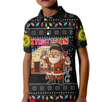 Kyrgyzstan Christmas Kid Polo Shirt with Santa Decorating Yurt Colorful Lights Snowflakes and National - Wonder Print Shop