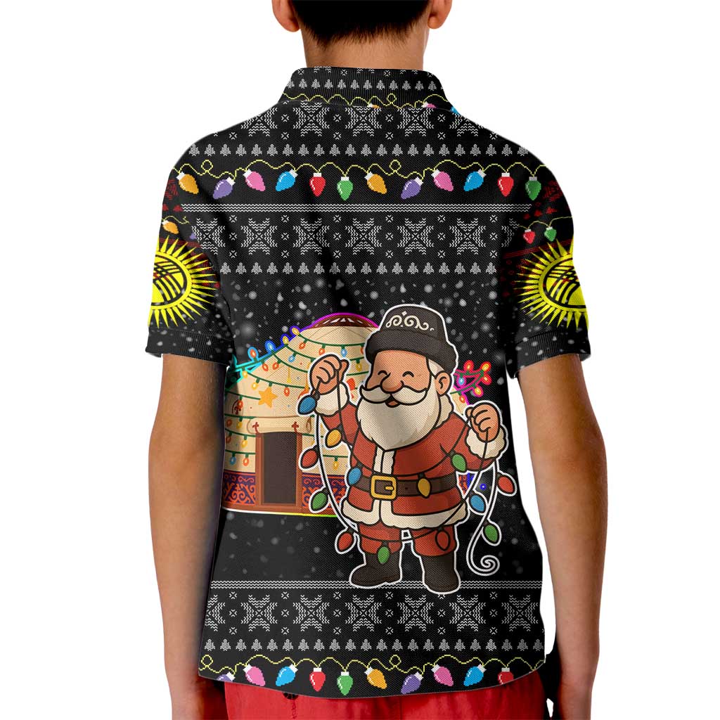 Kyrgyzstan Christmas Kid Polo Shirt with Santa Decorating Yurt Colorful Lights Snowflakes and National - Wonder Print Shop