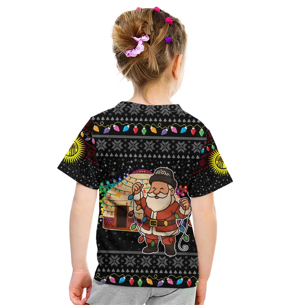 Kyrgyzstan Christmas Kid T Shirt with Santa Decorating Yurt Colorful Lights Snowflakes and National - Wonder Print Shop