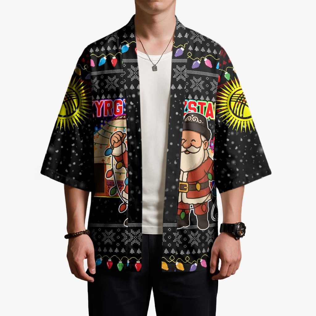 Kyrgyzstan Christmas Kimono with Santa Decorating Yurt Colorful Lights Snowflakes and National - Wonder Print Shop