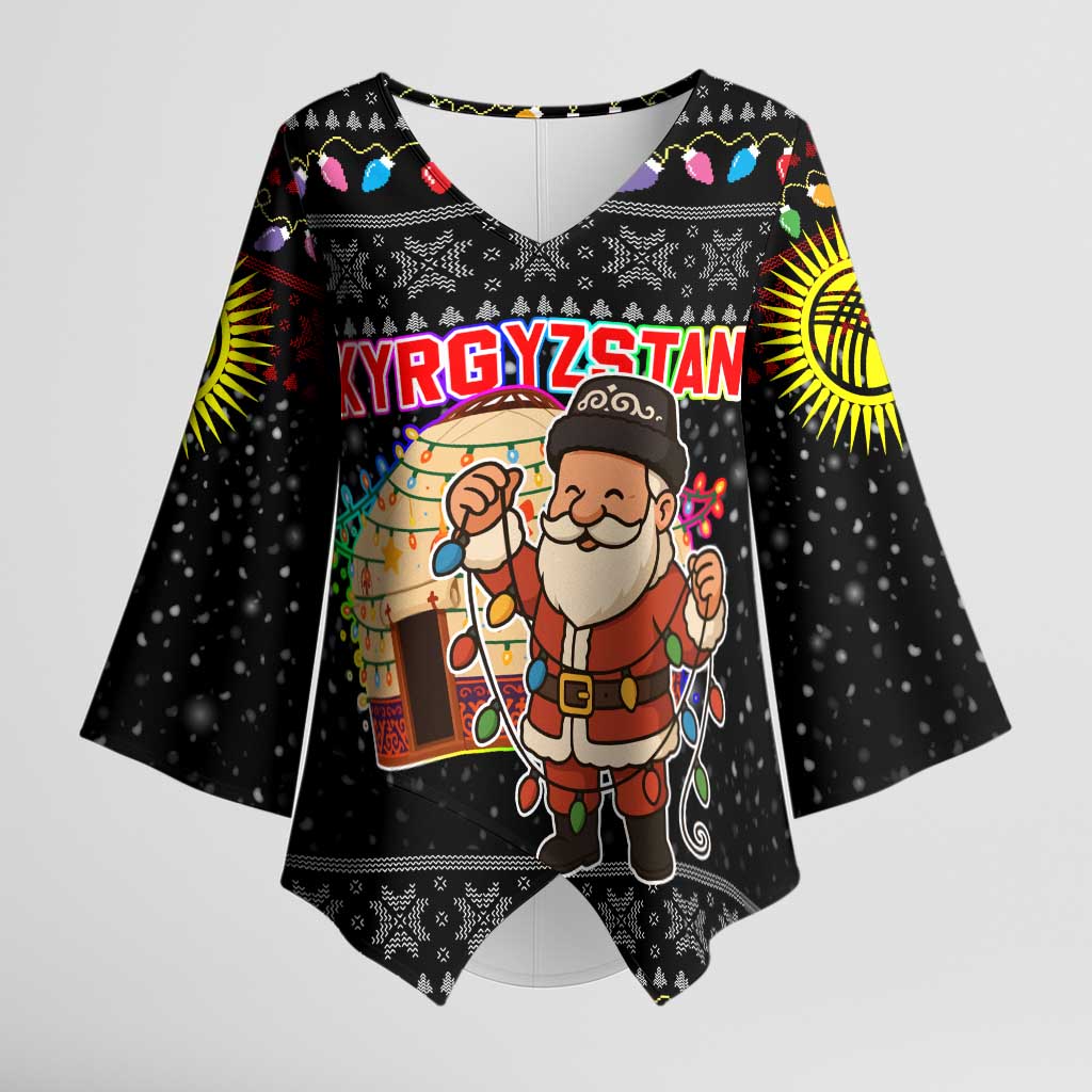 Kyrgyzstan Christmas Kimono Sleeve Blouse with Santa Decorating Yurt Colorful Lights Snowflakes and National - Wonder Print Shop