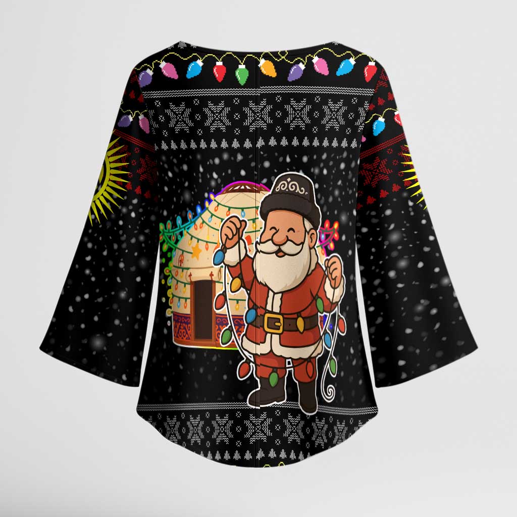 Kyrgyzstan Christmas Kimono Sleeve Blouse with Santa Decorating Yurt Colorful Lights Snowflakes and National - Wonder Print Shop