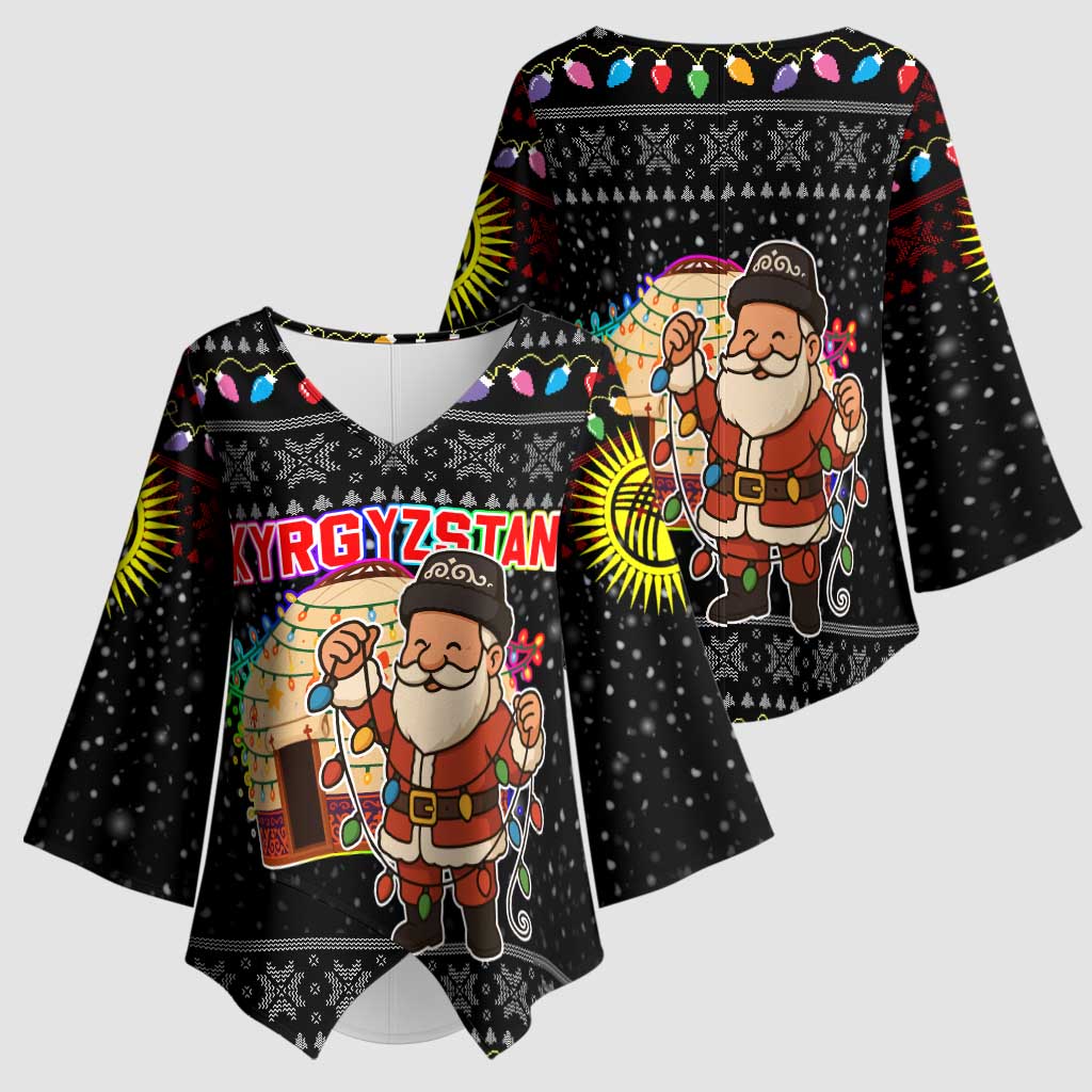 Kyrgyzstan Christmas Kimono Sleeve Blouse with Santa Decorating Yurt Colorful Lights Snowflakes and National - Wonder Print Shop