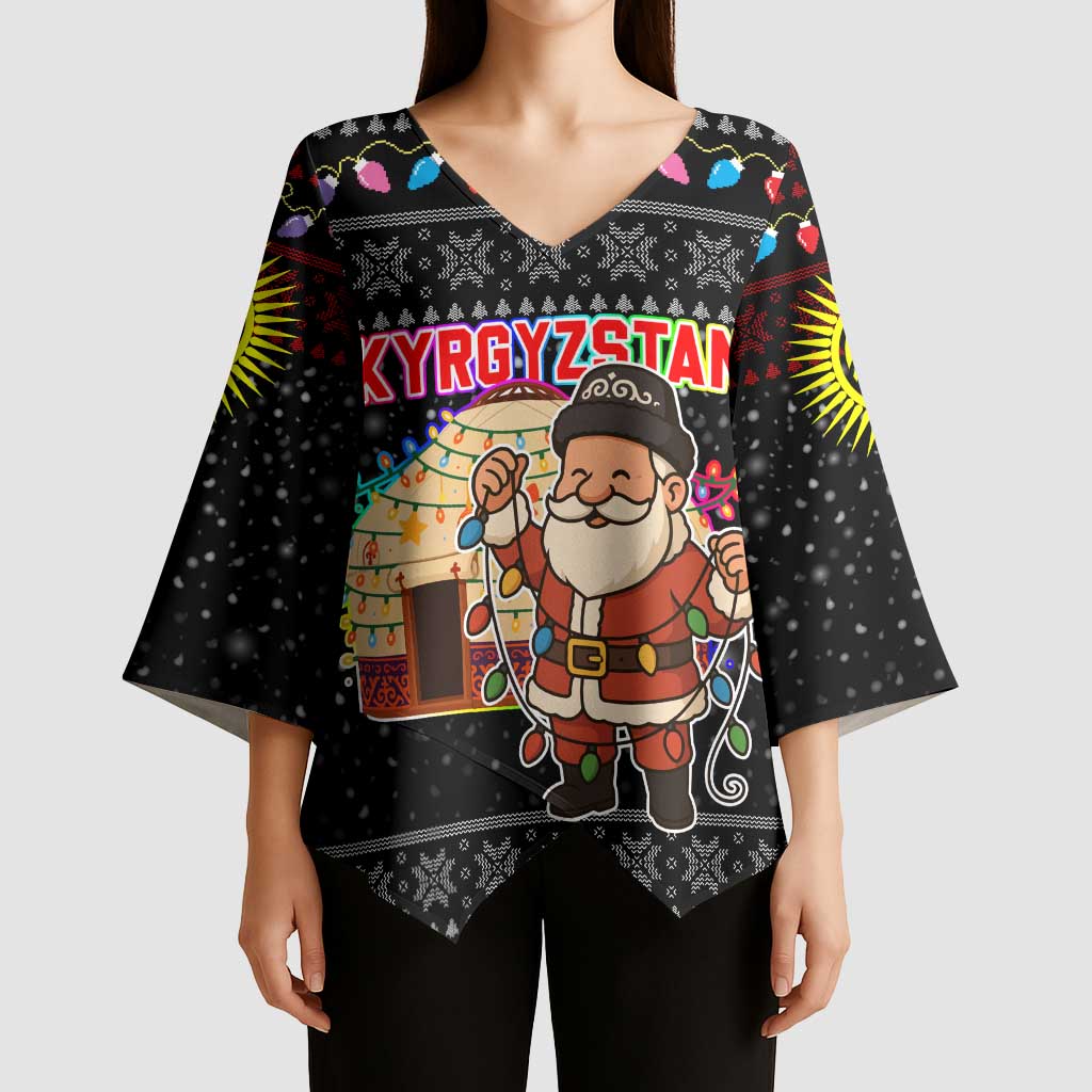 Kyrgyzstan Christmas Kimono Sleeve Blouse with Santa Decorating Yurt Colorful Lights Snowflakes and National - Wonder Print Shop