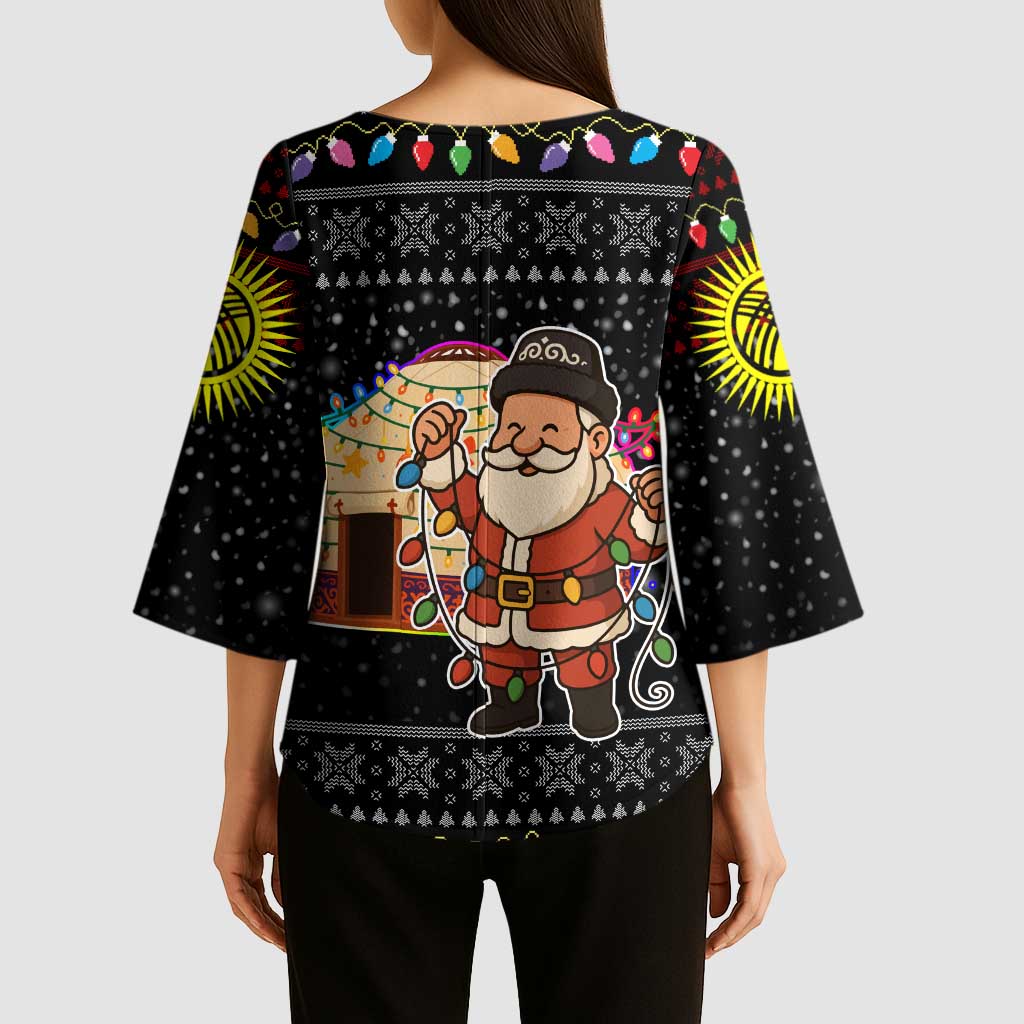 Kyrgyzstan Christmas Kimono Sleeve Blouse with Santa Decorating Yurt Colorful Lights Snowflakes and National - Wonder Print Shop
