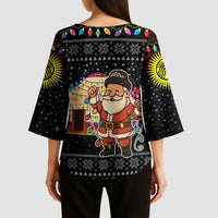 Kyrgyzstan Christmas Kimono Sleeve Blouse with Santa Decorating Yurt Colorful Lights Snowflakes and National - Wonder Print Shop