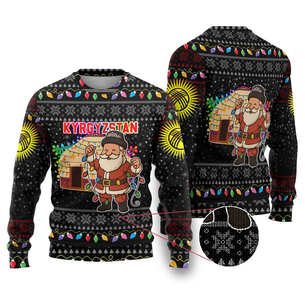 Kyrgyzstan Christmas Ugly Christmas Sweater with Santa Decorating Yurt Colorful Lights Snowflakes and National - Wonder Print Shop
