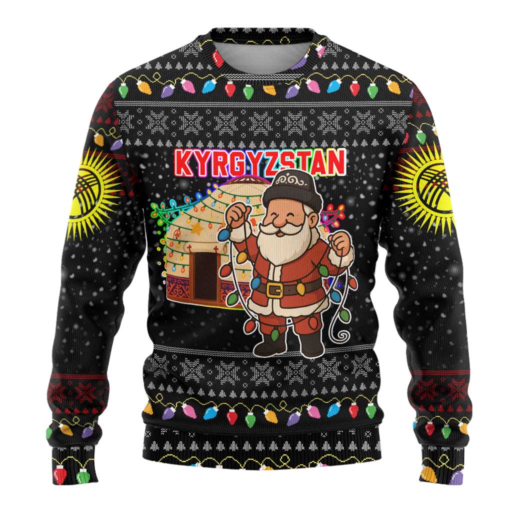 Kyrgyzstan Christmas Ugly Christmas Sweater with Santa Decorating Yurt Colorful Lights Snowflakes and National - Wonder Print Shop