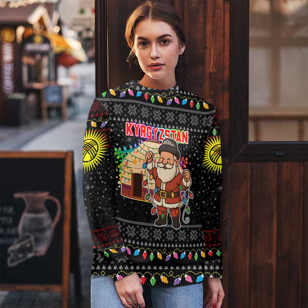 Kyrgyzstan Christmas Ugly Christmas Sweater with Santa Decorating Yurt Colorful Lights Snowflakes and National - Wonder Print Shop