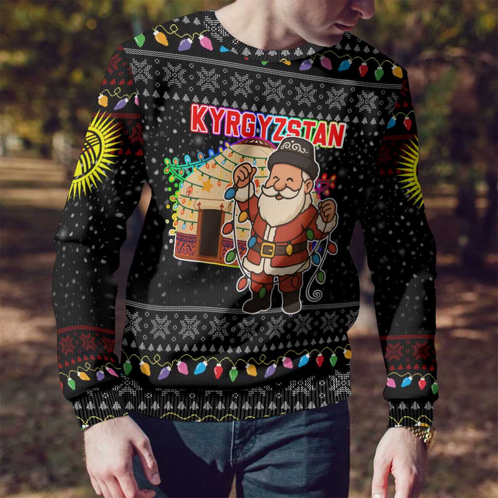 Kyrgyzstan Christmas Ugly Christmas Sweater with Santa Decorating Yurt Colorful Lights Snowflakes and National - Wonder Print Shop