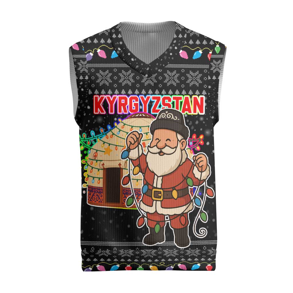 Kyrgyzstan Christmas Knitted V-Neck Vest with Santa Decorating Yurt Colorful Lights Snowflakes and National - Wonder Print Shop