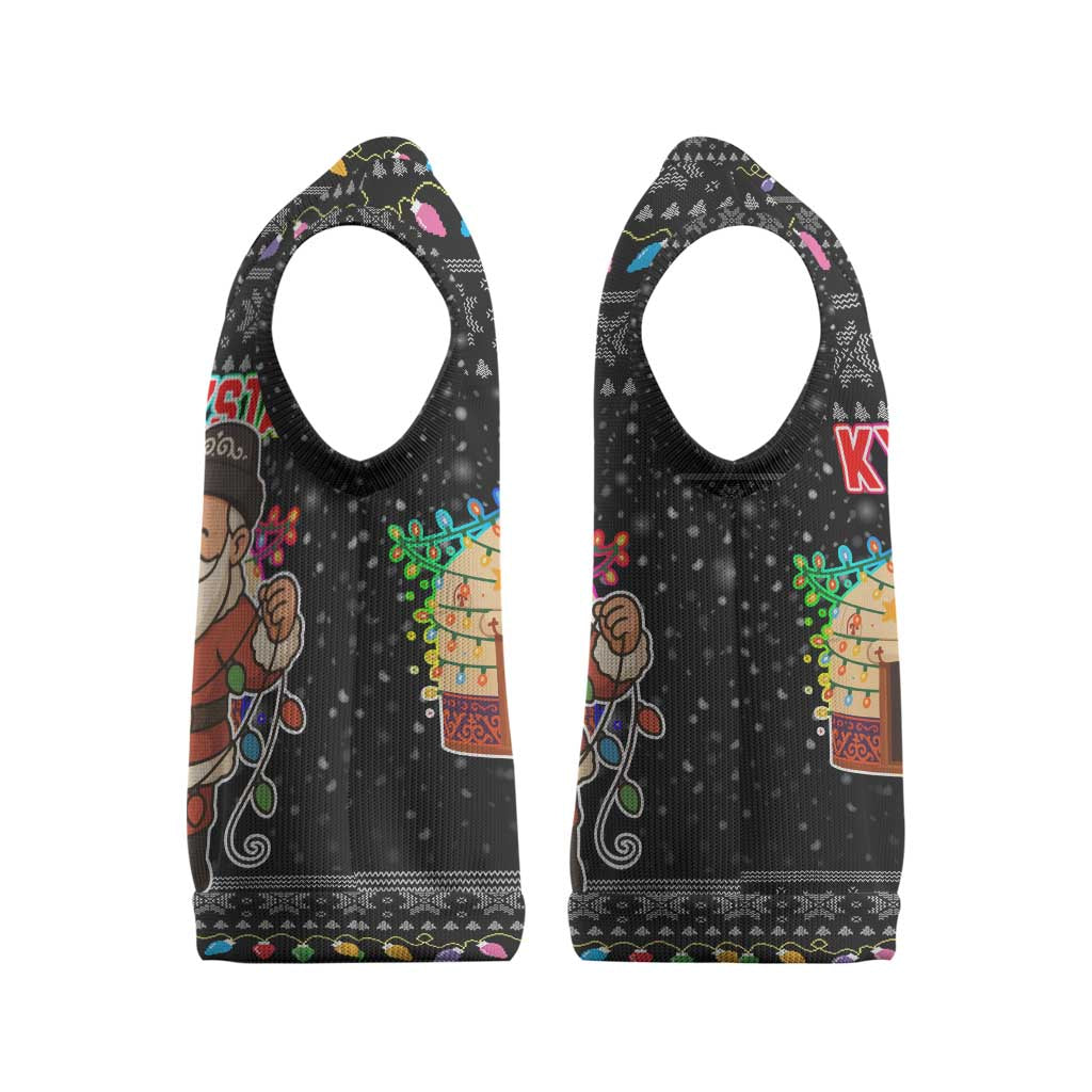 Kyrgyzstan Christmas Knitted V-Neck Vest with Santa Decorating Yurt Colorful Lights Snowflakes and National - Wonder Print Shop