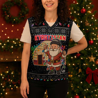 Kyrgyzstan Christmas Knitted V-Neck Vest with Santa Decorating Yurt Colorful Lights Snowflakes and National - Wonder Print Shop