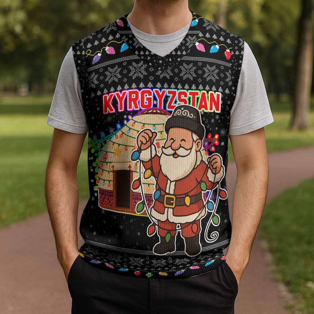 Kyrgyzstan Christmas Knitted V-Neck Vest with Santa Decorating Yurt Colorful Lights Snowflakes and National - Wonder Print Shop