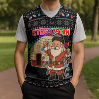 Kyrgyzstan Christmas Knitted V-Neck Vest with Santa Decorating Yurt Colorful Lights Snowflakes and National - Wonder Print Shop