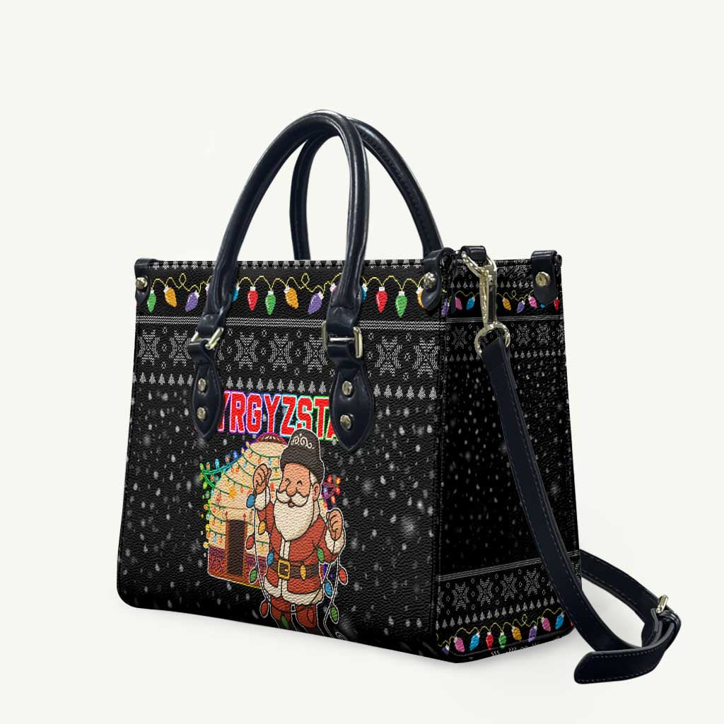 Kyrgyzstan Christmas Leather Bag with Santa Decorating Yurt Colorful Lights Snowflakes and National - Wonder Print Shop