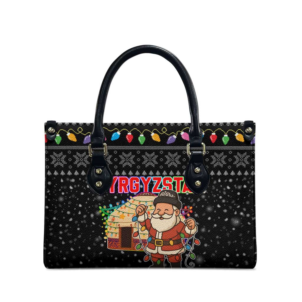Kyrgyzstan Christmas Leather Bag with Santa Decorating Yurt Colorful Lights Snowflakes and National - Wonder Print Shop