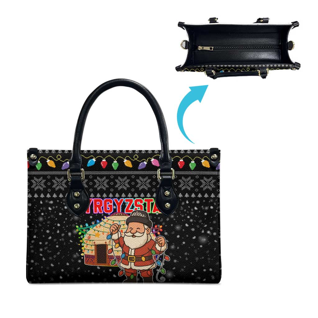 Kyrgyzstan Christmas Leather Bag with Santa Decorating Yurt Colorful Lights Snowflakes and National - Wonder Print Shop