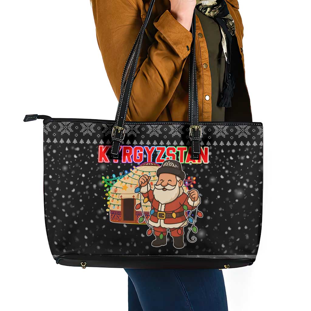 Kyrgyzstan Christmas Leather Tote Bag with Santa Decorating Yurt Colorful Lights Snowflakes and National - Wonder Print Shop