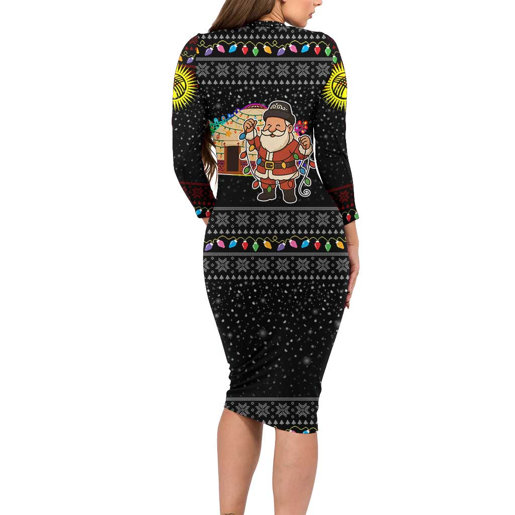 Kyrgyzstan Christmas Long Sleeve Bodycon Dress with Santa Decorating Yurt Colorful Lights Snowflakes and National - Wonder Print Shop
