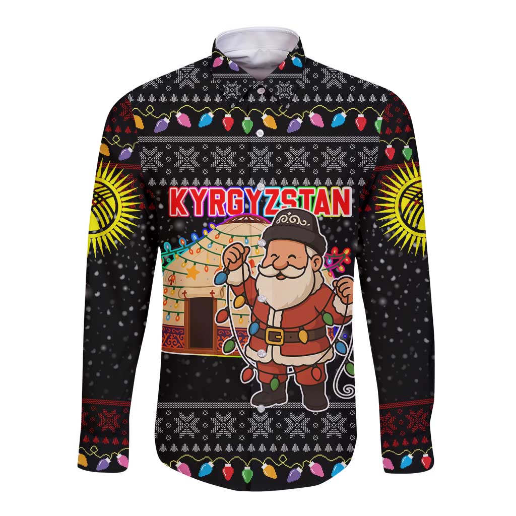 Kyrgyzstan Christmas Long Sleeve Button Shirt with Santa Decorating Yurt Colorful Lights Snowflakes and National - Wonder Print Shop