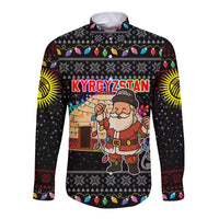 Kyrgyzstan Christmas Long Sleeve Button Shirt with Santa Decorating Yurt Colorful Lights Snowflakes and National - Wonder Print Shop