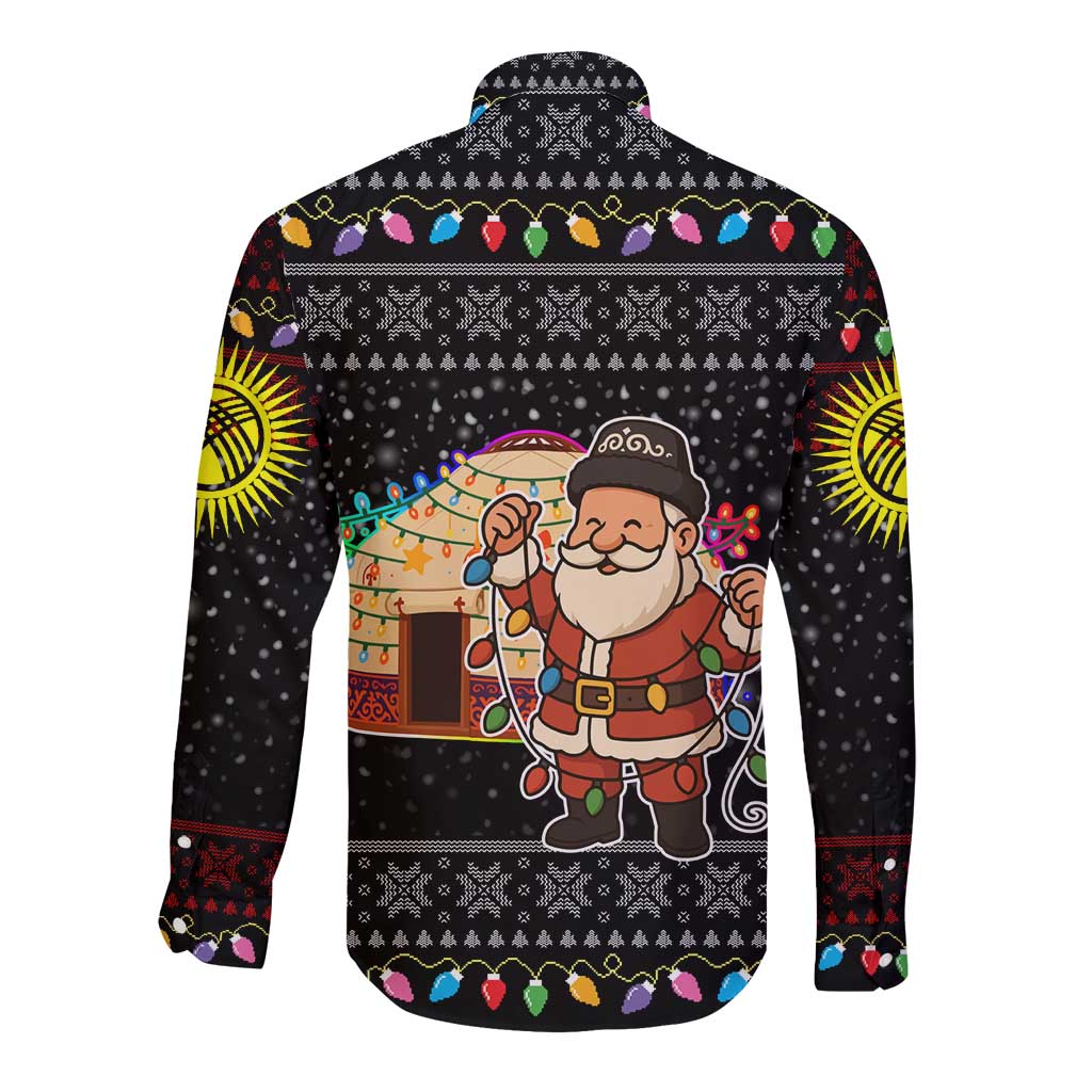 Kyrgyzstan Christmas Long Sleeve Button Shirt with Santa Decorating Yurt Colorful Lights Snowflakes and National - Wonder Print Shop
