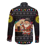 Kyrgyzstan Christmas Long Sleeve Button Shirt with Santa Decorating Yurt Colorful Lights Snowflakes and National - Wonder Print Shop