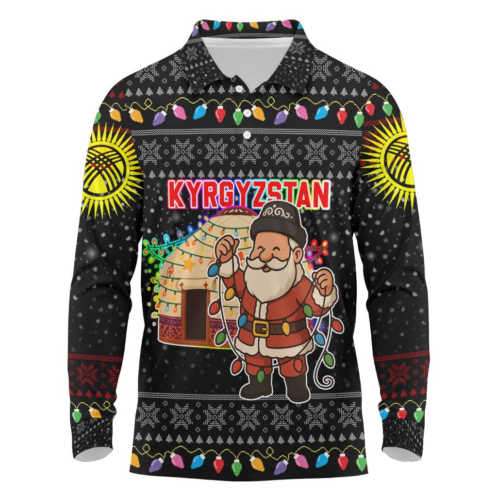 Kyrgyzstan Christmas Long Sleeve Polo Shirt with Santa Decorating Yurt Colorful Lights Snowflakes and National - Wonder Print Shop