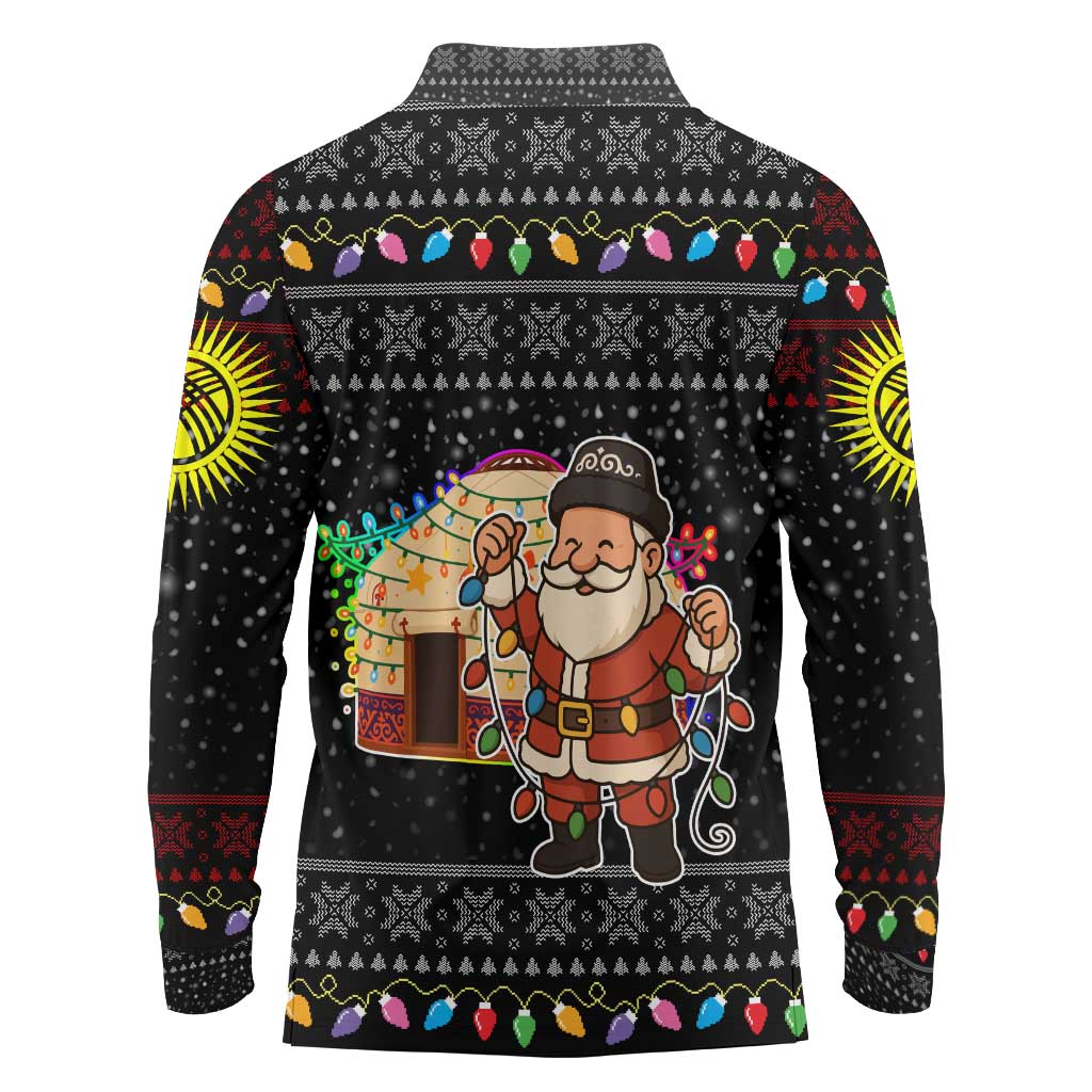 Kyrgyzstan Christmas Long Sleeve Polo Shirt with Santa Decorating Yurt Colorful Lights Snowflakes and National - Wonder Print Shop