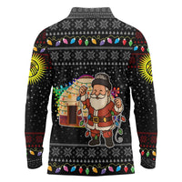 Kyrgyzstan Christmas Long Sleeve Polo Shirt with Santa Decorating Yurt Colorful Lights Snowflakes and National - Wonder Print Shop