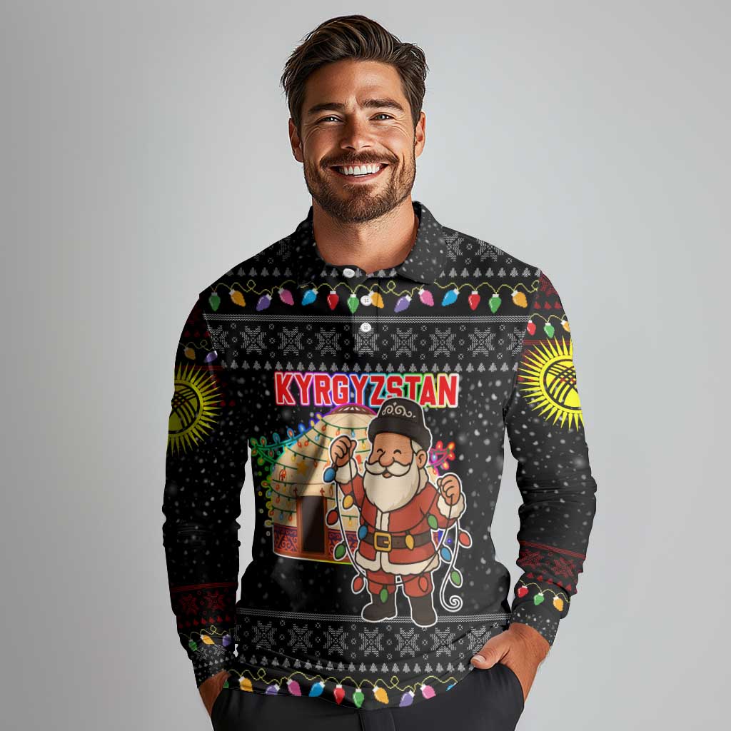 Kyrgyzstan Christmas Long Sleeve Polo Shirt with Santa Decorating Yurt Colorful Lights Snowflakes and National - Wonder Print Shop