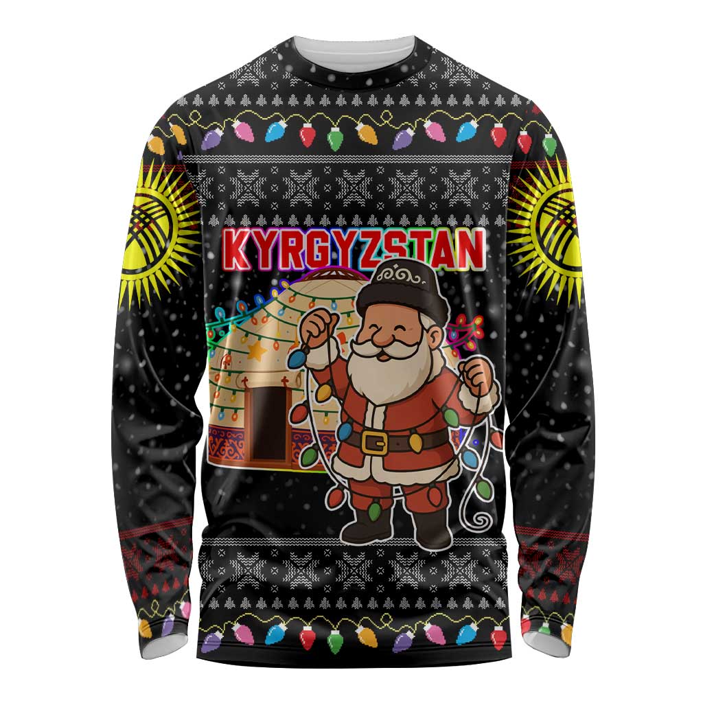 Kyrgyzstan Christmas Long Sleeve Shirt with Santa Decorating Yurt Colorful Lights Snowflakes and National - Wonder Print Shop